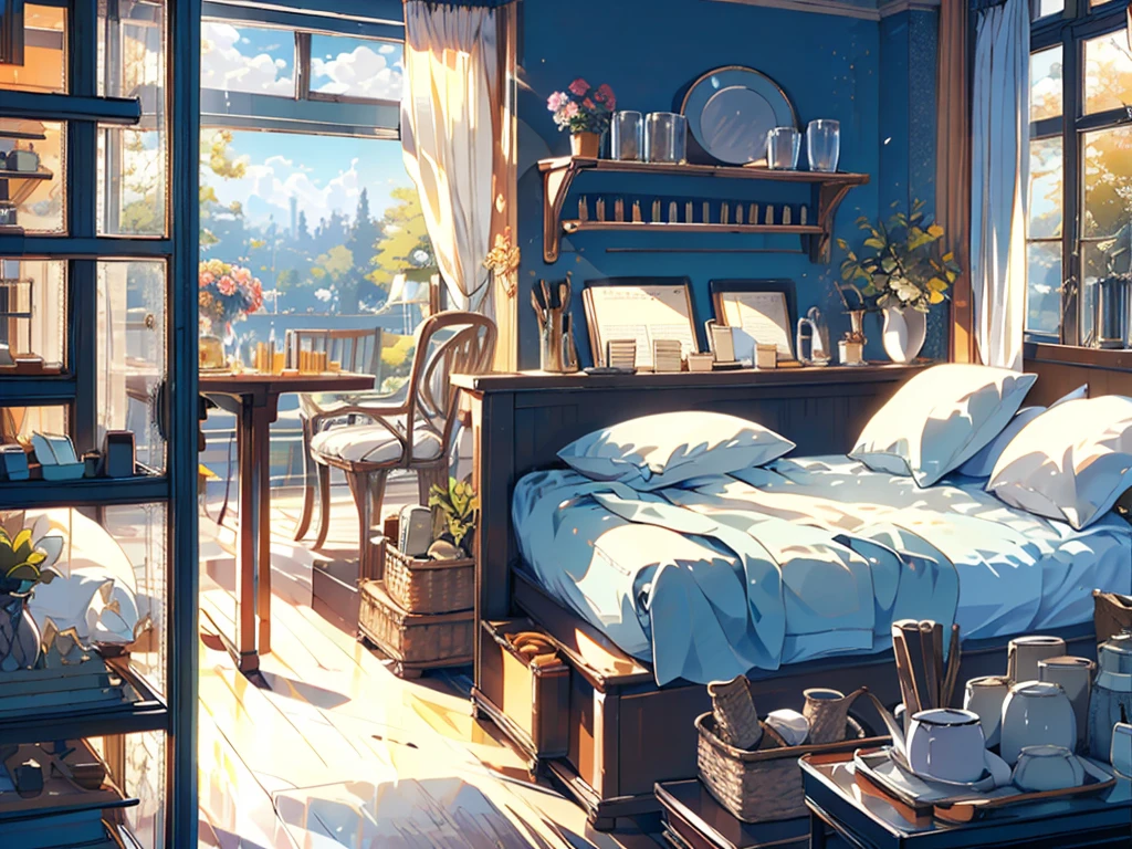 8K picture quality,best quality,masterpiece,HD,Super rich detail,detailed,Cosy bedroom,Big windows,Floor-to-ceiling windows,Big bed,notebook,There is a cabinet next to it,There are chairs,There are flowers,There is a wardrobe,There is a table and chairs,There are a lot of books,There was a full queen size bed,The body is very comfortable,extremely clean,Very informative,Big windows,The view from the window,There is a staircase connection,There is a ladder indoors,There is a ladder in the room,The key is to have a ladder,Gold color