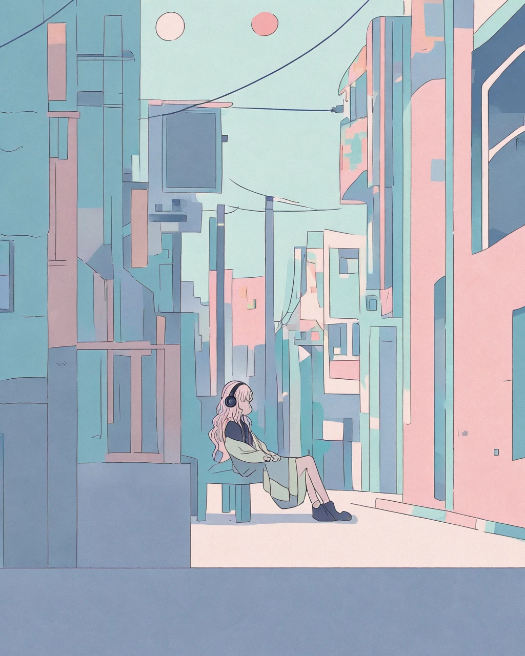 An anime-style illustration of a girl sitting on a bench in an urban setting. She has long, wavy light hair and wears headphones. She is dressed in a casual outfit with a loose-fitting coat over a dark shirt or dress. The background features a street with buildings and utility poles, drawn with clean, minimalistic lines and pastel colors. The overall color scheme is soft and light, giving the image a serene and relaxed atmosphere."