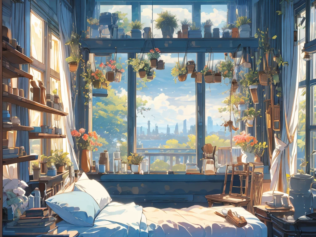 8K picture quality,best quality,masterpiece,HD,Super rich detail,detailed,Cosy bedroom,Big windows,Floor-to-ceiling windows,Big bed,notebook,There is a cabinet next to it,There are chairs,There are flowers,There is a wardrobe,There is a table and chairs,There are a lot of books,There was a full queen size bed,The body is very comfortable,extremely clean,Very informative,Big windows,The view from the window,There is a staircase connection,There is a ladder indoors,There is a ladder in the room,The key is to have a ladder,