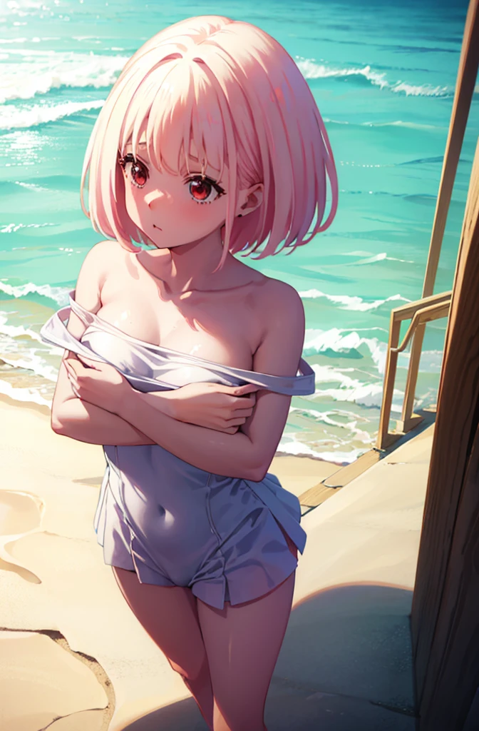 School Swimsuit,,Blushing、Pale red eyes、Light cream colored hair、short hair、Head to toe full body、Blushing、Embarrassed look、Composition from the front、A view from slightly below、school swimwear、Acme Face、Random pose、, 、nsfw、Highest quality、1 girl、solo、Ocean、Sandy Beach、Sexy pose、Random pose、Blushing、Wet、Embarrassed、I can see half of my 、、One piece swimsuit、(Strap slip:1.3)、School Swimsuit