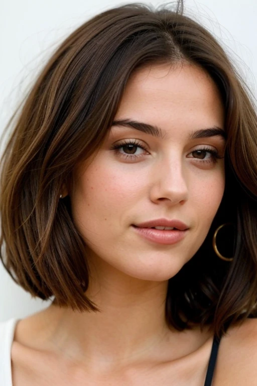Femme brune européenne hyperréaliste aux cheveux bouclés et au visage rond et sérieux