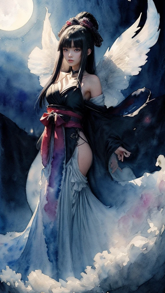 (masterpiece, top quality, best quality, official art, (beautiful and aesthetic:1.4), (watercolor:1.4) ),  (Tsukuyomi:1.5), Japanese mythology deity, ephemeral beauty, ethereal presence amidst the moonlight, divine elegance, serene and contemplative expression, celestial garments flowing, silver radiance illuminating the nocturnal landscape, a dance of shadows and light, whispers of ancient lore