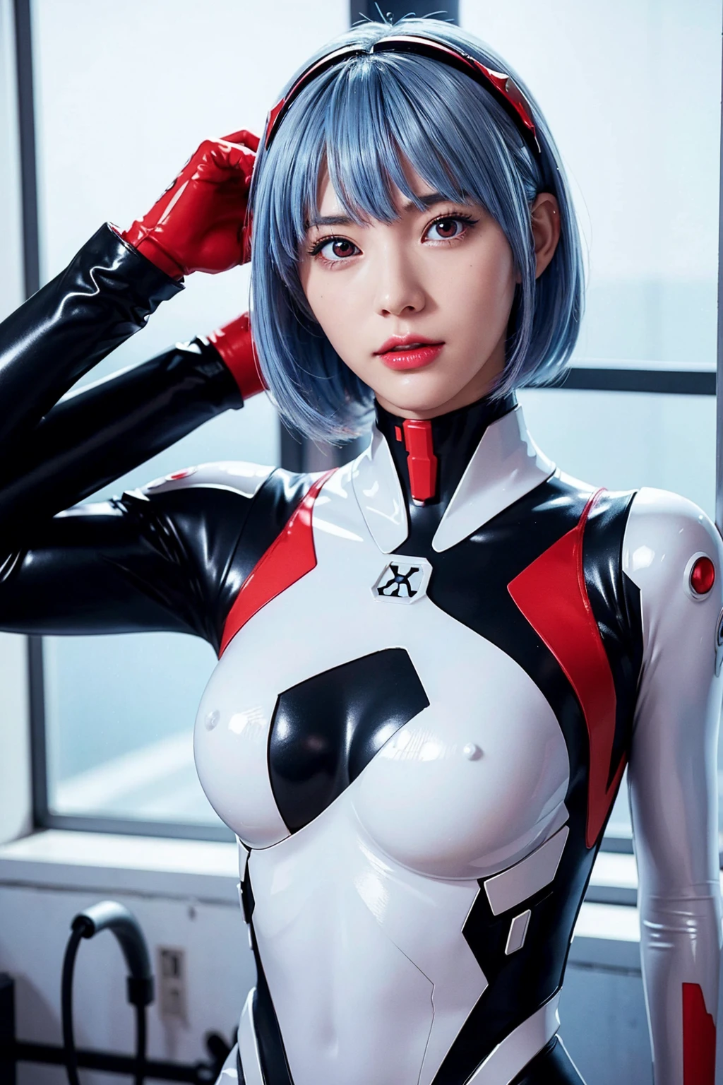 Evangelion,Rei Ayanami,Silvery blue hair,Red eyes,Red eyes,Plug Suit,Bodysuits,Interface Headset,白いBodysuits,Ultra HD,super high quality,masterpiece,Digital SLR,Realistic,Detailed explanation,Crisp details,depicted in detail,Detailed face,Detailed explanation,Super detailed,Realistic skin texture,Anatomical basis,Perfect Anatomy,Anatomically correct hand,Anatomically correct fingers,Complex 3D rendering,Sexy pose,Rainy Sky,Beautiful views,Beautiful rainy sky,Picturesque,Pink Lips,