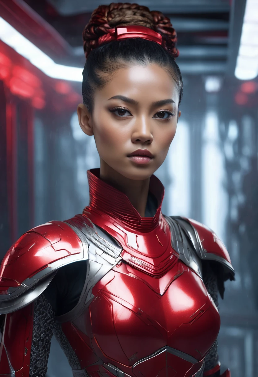1 woman, inside a modern futuristic style room, wearing fine iron armor in red and silver tones, detailed facial features, black female eyes and Chinese anatomy, detailed light skin, dark hair tied in a tight bun, strong expression and serious, dramatic lighting, cold cinematic composition, atmospheric fog, beautiful face, thin chin, beautiful woman, feminine and beautiful, 25 years (best quality, 4K, 8K, high resolution, art: 1.2), ultra-detailed, (realistic , photorealistic, photorealistic: 1.37)