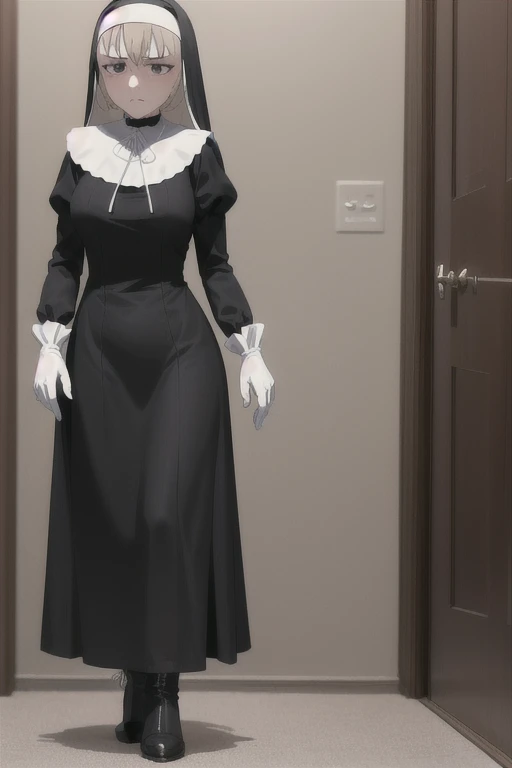 Mature women, sad look, nun, 1girl, solo, nun outfit, puffy sleeves, cape, long skirt, white gloves, hands covered face, (perfect skin),(no emotion), anime, room, bedroom, sexy pose, standing, heels boots
