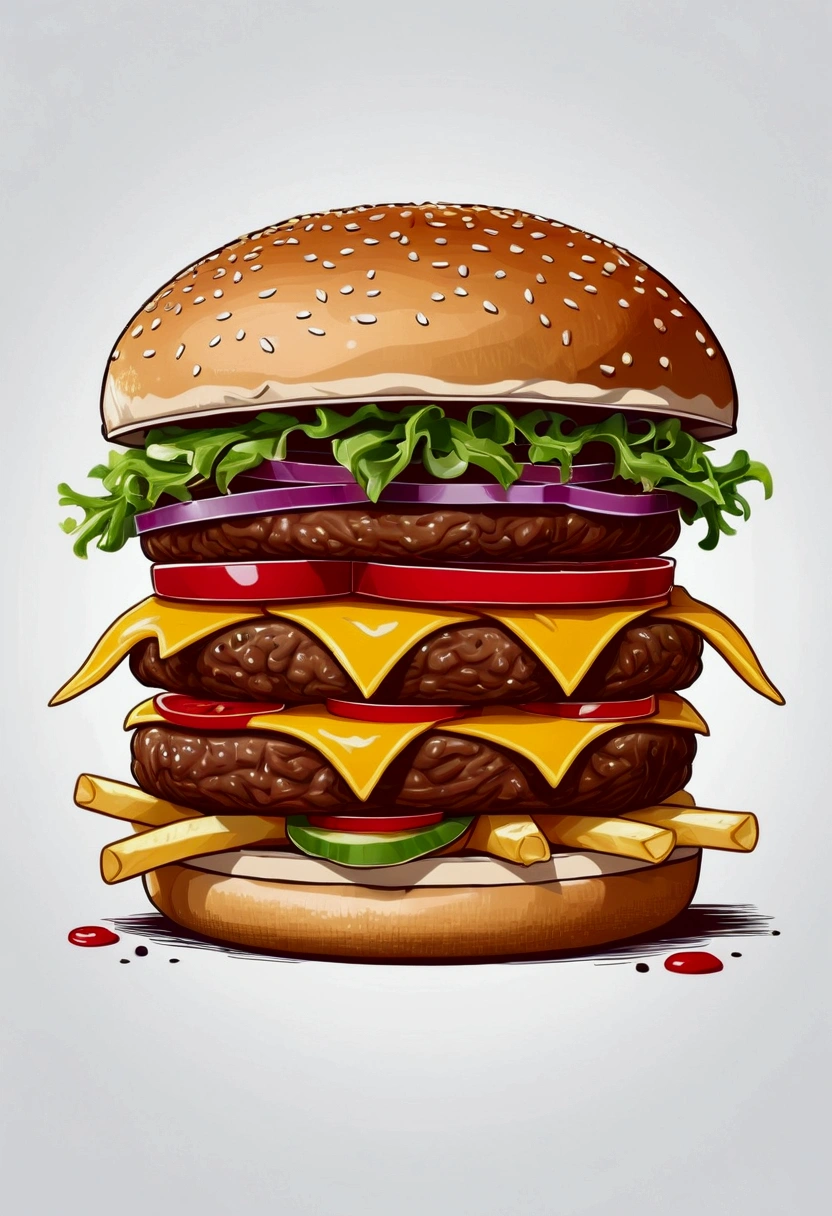 huge delicious hamburger, french fries, illustration, isolated with solid white background, surrounded with negative space, centered composition, very precise line, Isolated, (((solid white background))), perspective angle of view, (masterpiece), (best quality), Leonardo style, vector art, (lora:Leonardo-illustration:1), vector art