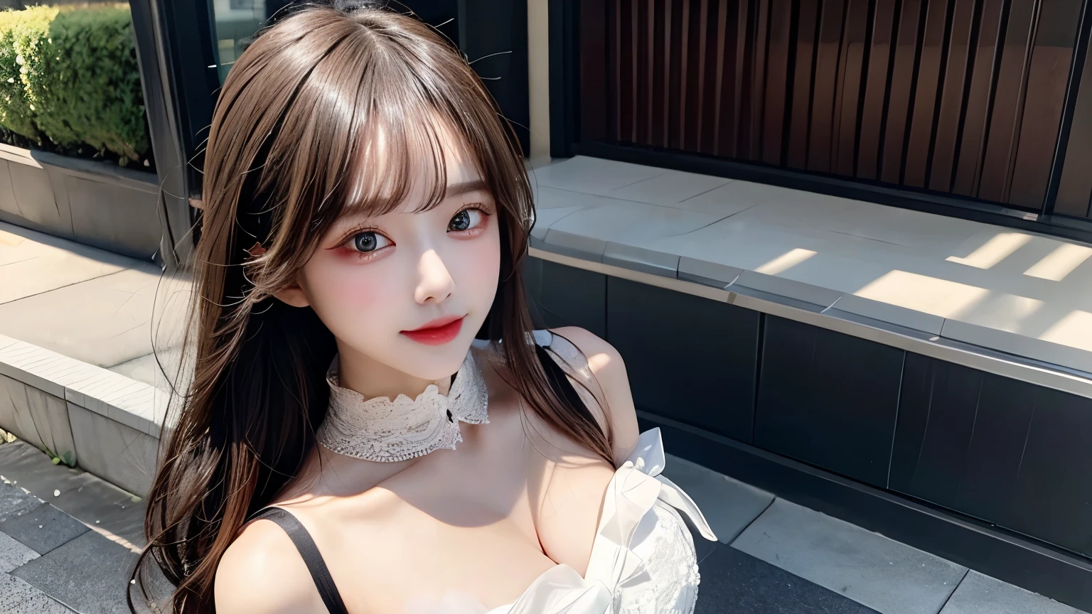 perfect figure beautiful woman:1.4,Layered Hair Style,Protruding cleavage,Lace bandeau:1.5,Highly Detailed Face and Skin Textur,double eyelid,Whiten the skin,Collar, 独奏, from above:1.3,