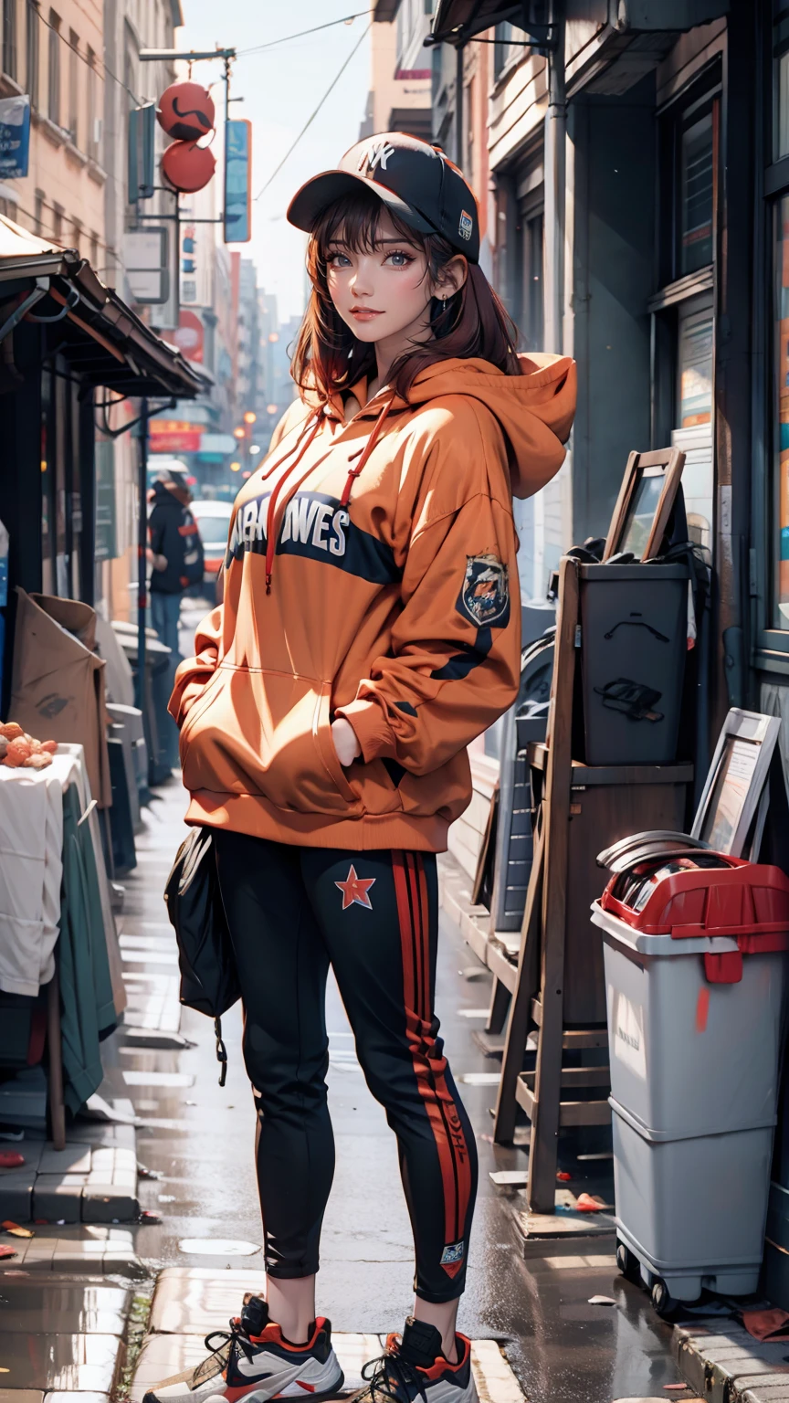 20-year-old Caucasian female、Red hair、Short Bob、Headphones、Camouflage pattern hoodie、New York Yankees Cap、Reach into your hoodie pocket、leggings、sneakers、An alley overflowing with trash、Leaning against the wall of a brick house、Look to the side、View your viewers