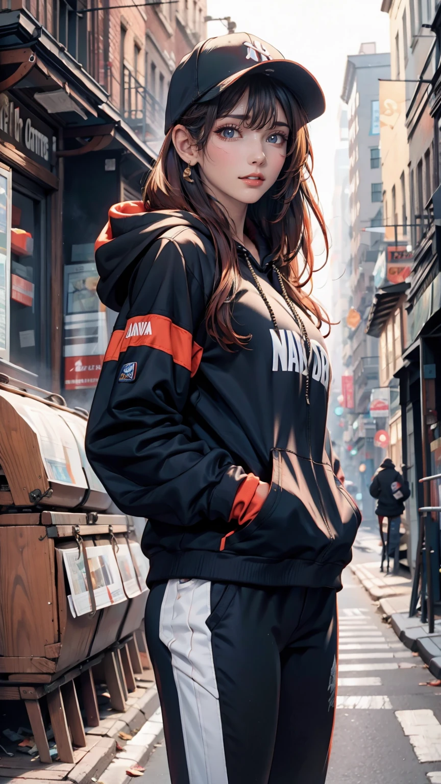 20-year-old Caucasian female、Red hair、Short Bob、Headphones、Camouflage pattern hoodie、New York Yankees Cap、Reach into your hoodie pocket、leggings、sneakers、An alley overflowing with trash、Leaning against the wall of a brick house、Look to the side、View your viewers、smile