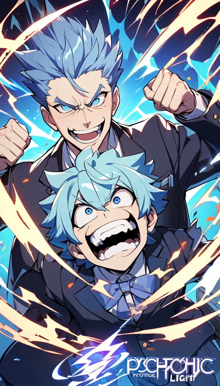 Guy, matured,School,Uniform,blazer,logo,spiky light blue hair,blue eyes, psychotic laugh,blue lightning background,