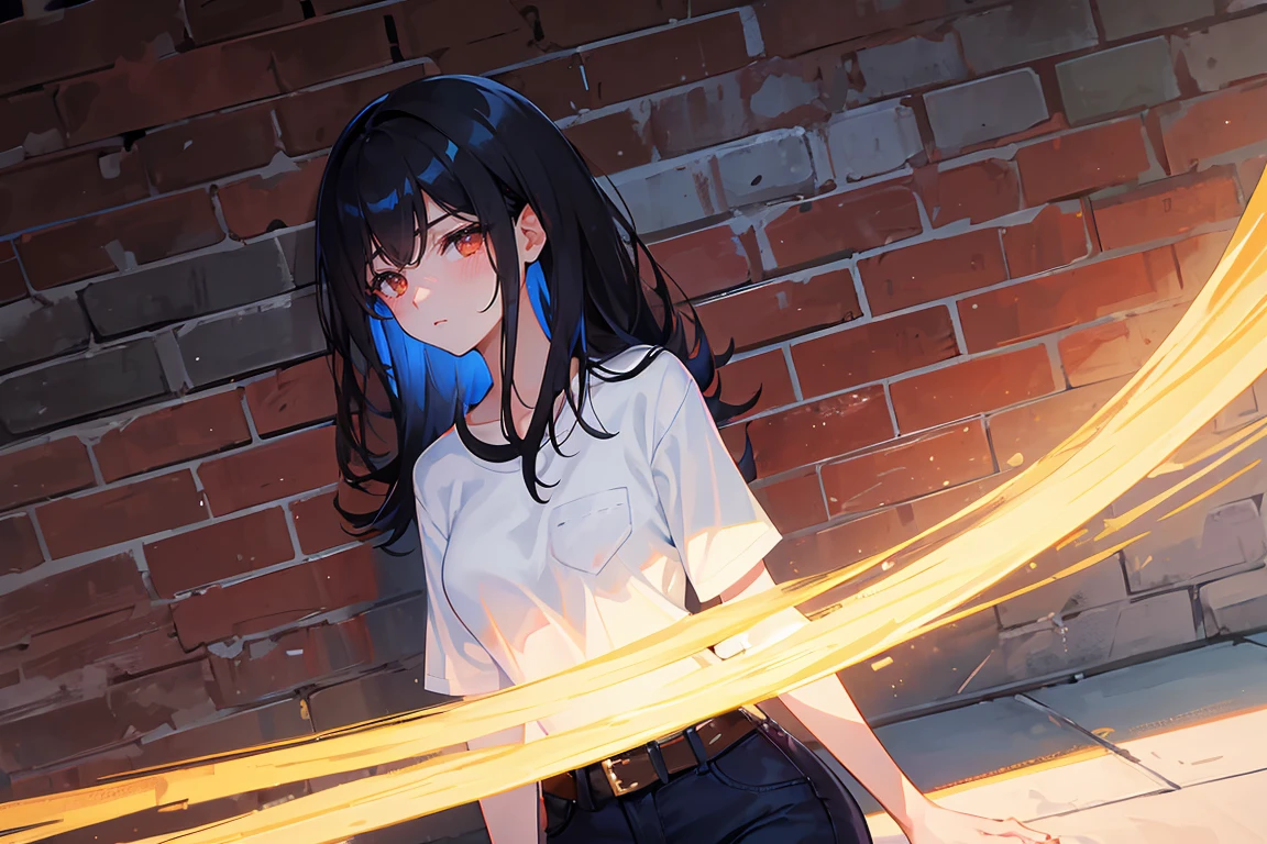 black hair pretty 25 year old girl, wear a white shirt and a navy blue jeans pant, brown eyes, sharp jawline, 16k quality, messy silky hair, >, best quality, no override on image, no glitches on image, extremely shadow quality, have  deep shadows and background details, all body, brick walls, colorful, masterpiece.