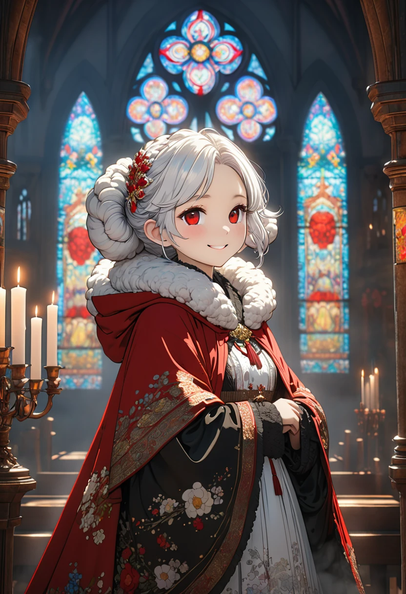 uploaded on e621, ((by Yurusa, by Childe Hassam, by Kenket, by Kyoto Animation)),
solo (chibi:1.15) ((sheep (lamb \(cult of the lamb\)), black body and white fur, white hair, horn, clear red sclera)),
(wear red crown, red cloak, grey black gown:1.25), (flat chested, smile), ((detailed fluffy fur)),
(half-length portrait, looking at viewer, three-quarter view:1.3),
BREAK,
(standing at church with stained glass:1.25), (outside, fog, mist, candle:1.2),
(detailed background, depth of field, half body shadow, sunlight, ambient light on the body),
(intricate:0.7), (high detail:1.2), (unreal engine:1.3), (soft focus:1.1),
[explicit content, questionable content], (masterpiece, best quality, 4k, 2k, shaded, absurd res)