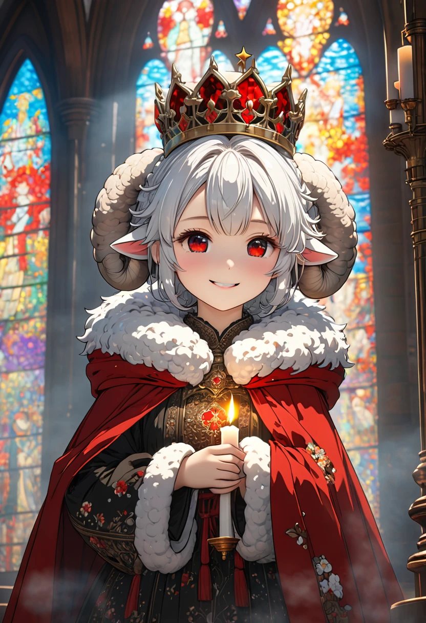 uploaded on e621, ((by Yurusa, by Childe Hassam, by Kenket, by Kyoto Animation)),
solo (chibi:1.15) ((sheep (lamb \(cult of the lamb\)), black body and white fur, white hair, horn, clear red sclera)),
(wear red crown, red cloak, grey black gown:1.25), (flat chested, smile), ((detailed fluffy fur)),
(half-length portrait, looking at viewer, three-quarter view:1.3),
BREAK,
(standing at church with stained glass:1.25), (outside, fog, mist, candle:1.2),
(detailed background, depth of field, half body shadow, sunlight, ambient light on the body),
(intricate:0.7), (high detail:1.2), (unreal engine:1.3), (soft focus:1.1),
[explicit content, questionable content], (masterpiece, best quality, 4k, 2k, shaded, absurd res)