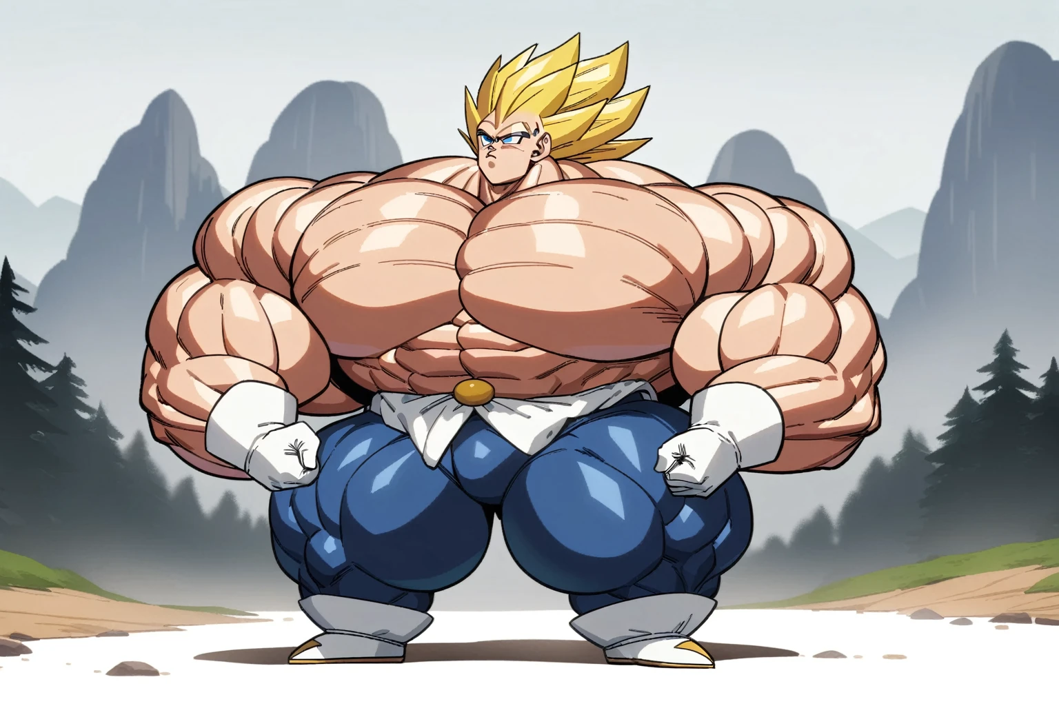1boy, Vegeta, from Dragon Ball Z, masterpiece, best quality, very aesthetic, absurdres, saiyan, blue eyes, spiked hair, (yellow hair:1.5), standing up, good posture, shirtless, blue skintight pants, white gloves, (huge muscles:2.5), Dragon Ball Z artstyle, in the style of Akira Toriyama, white tiled floor, outdoor, flat-top mountains, Extreme Wide Shot, full pose, full body shot, (full body in frame:1), white boots with brown tips