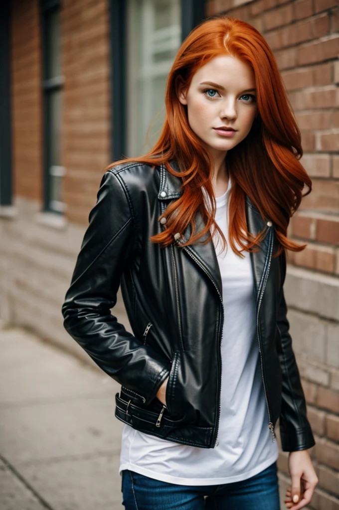 Pretty young redhead woman wearing a leather jacket 