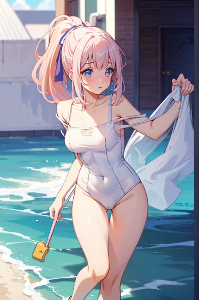 School Swimsuit,,Blushing、Blonde、ponytail、Pale blue eyes、Head to toe full body、Blushing、Embarrassed look、Composition from the front、A view from slightly below、school swimwear、Acme Face、Random pose、, Medium Hair、、Pale blue eyes、Pink Hair、nsfw、Highest quality、1 girl、solo、Ocean、Sandy Beach、Sexy pose、Random pose、Blushing、Wet、Embarrassed、I can see half of my 、、One piece swimsuit、(Strap slip:1.3)、School Swimsuit