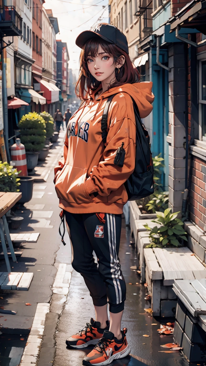 20-year-old Caucasian female、Red hair、Short Bob、Headphones、Camouflage pattern hoodie、New York Yankees Cap、Reach into your hoodie pocket、leggings、sneakers、An alley overflowing with trash、Leaning against the wall of a brick house、Look to the side、View your viewers、smile