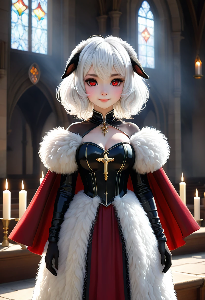 uploaded on e621, ((by Yurusa, by Childe Hassam, by Kenket, by Kyoto Animation)),
solo (chibi:1.15) ((sheep (lamb \(cult of the lamb\)), black body and white fur, white hair, horn, clear red sclera)),
(wear red crown, red cloak, grey black gown:1.25), (flat chested, smile), ((detailed fluffy fur)),
(half-length portrait, looking at viewer, three-quarter view:1.3),
BREAK,
(standing at church with stained glass:1.25), (outside, fog, mist, candle:1.2),
(detailed background, depth of field, half body shadow, sunlight, ambient light on the body),
(intricate:0.7), (high detail:1.2), (unreal engine:1.3), (soft focus:1.1),
[explicit content, questionable content], (masterpiece, best quality, 4k, 2k, shaded, absurd res)