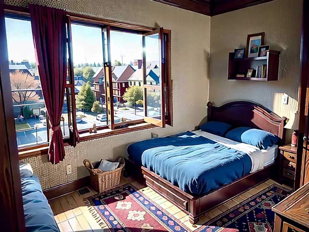 8K picture quality，best quality，masterpiece，HD，Super rich detail，detailed，Cosy bedroom，Big windows，Floor-to-ceiling windows，Big bed，notebook，There is a cabinet next to it，There are chairs，There are flowers，There is a wardrobe，There is a table and chairs，There are a lot of books，There was a full queen size bed，The body is very comfortable，extremely clean，Very informative，Big windows，The view from the window，There is a staircase connection，There is a ladder indoors，There is a ladder in the room，The key is to have a ladder，The whole house is golden