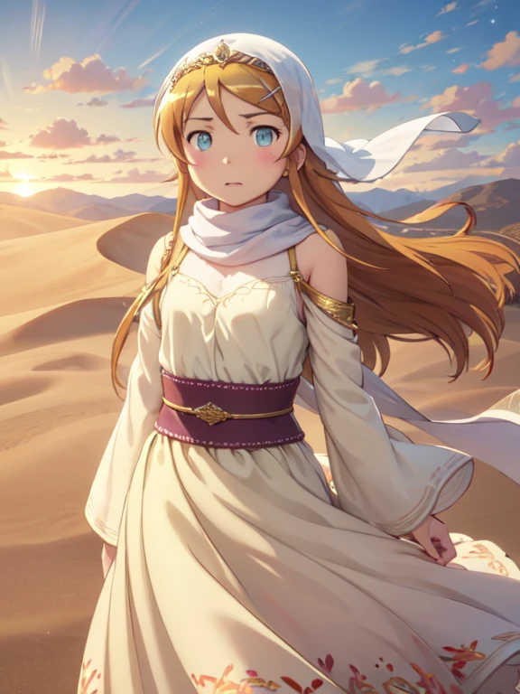 (masterpiece, Highest quality:1.1), (Desert Princess), kirino kousaka, 1 Girl, alone, Gold embroidery, Kaftans,Turbaned, scarf, jewelry, Circlet, 額のjewelry, Elegant robes, satin, Veil, gem, tiara, Arabian Style, Desert Landscape, carpet, Hair blowing in the wind, Shining, Sunset, oasis, silk, Sparkling Eyes, Sand Dunes