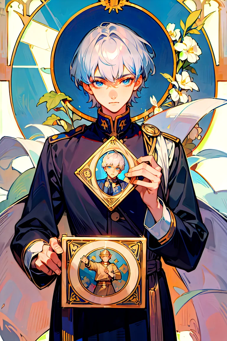 ((Highest quality)), ((masterpiece)), (detailed), 1 male, Adult, \(Tarot\),Symbolism,Visual Arts,occult,universal,Vision Casting,philosophical,Iconography,Number secrets,Popularity,Artistic, Alphonse Mucha, Silver Hair,Beautiful young man,（Short hair that is not trimmed）,Bangs sideways flowing,blue eyes,2 block haircuts,Cold Stare,(uniform),20-year-old male,adult