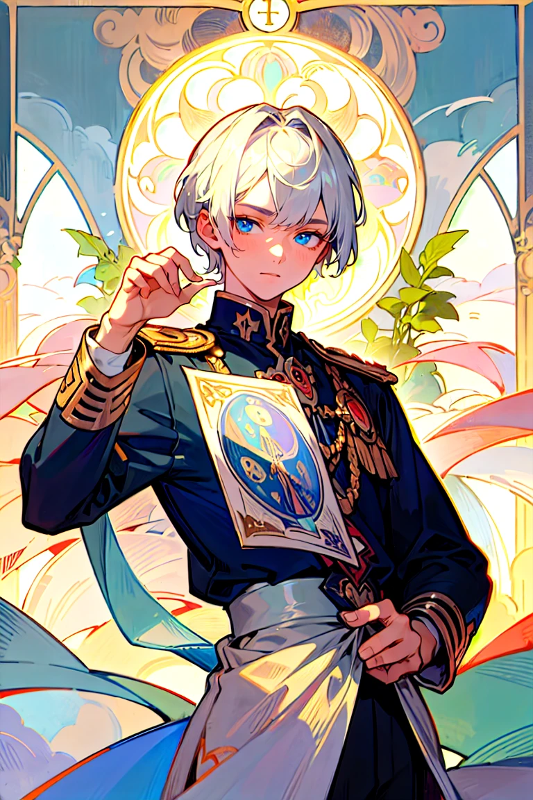 ((Highest quality)), ((masterpiece)), (detailed), 1 male, Adult, \(Tarot\),Symbolism,Visual Arts,occult,universal,Vision Casting,philosophical,Iconography,Number secrets,Popularity,Artistic, Alphonse Mucha, Silver Hair,Beautiful young man,(Short hair that is not trimmed),Bangs sideways flowing,blue eyes,2 block haircuts,Cold Stare,(uniform),20-year-old male,adult