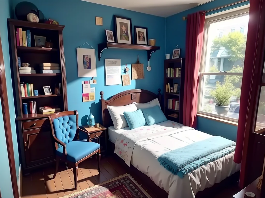 8K picture quality,best quality,masterpiece,HD,Super rich detail,detailed,Cosy bedroom,Big windows,Floor-to-ceiling windows,Big bed,notebook,There is a cabinet next to it,There are chairs,There are flowers,There is a wardrobe,There is a table and chairs,There are a lot of books,There was a full queen size bed,The body is very comfortable,extremely clean,Very informative,Big windows,The view from the window,There is a staircase connection,There is a ladder indoors,There is a ladder in the room,The key is to have a ladder,
