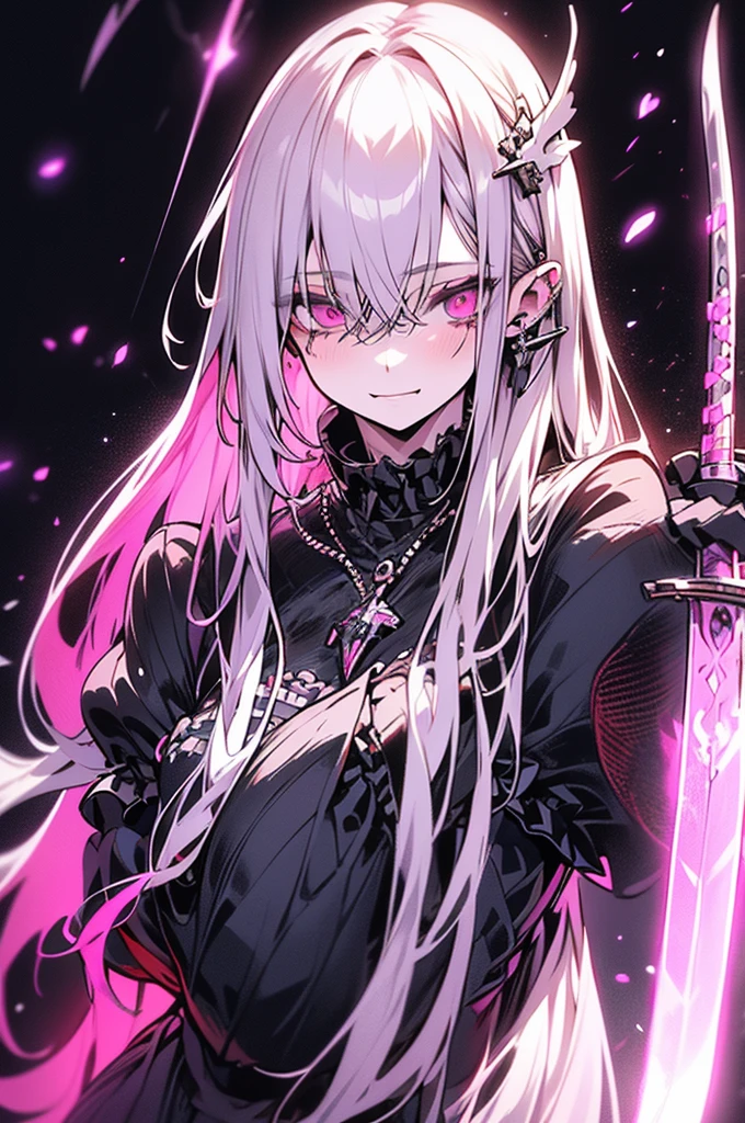 white gothic lolita angel of punishment, long white hair, purple eyes, 4 wings, (((((holding a long sword))))), mature, slim, tall, (best quality,4K,8K,mackerel,masterpiece:1.2),very detailed,(realistic,photorealistic,photo-realistic:1.37),intricate details,contrast lighting,cinematic lighting,dramatic shadows,surreal,occult,ethereal,dark fantasy,piercer