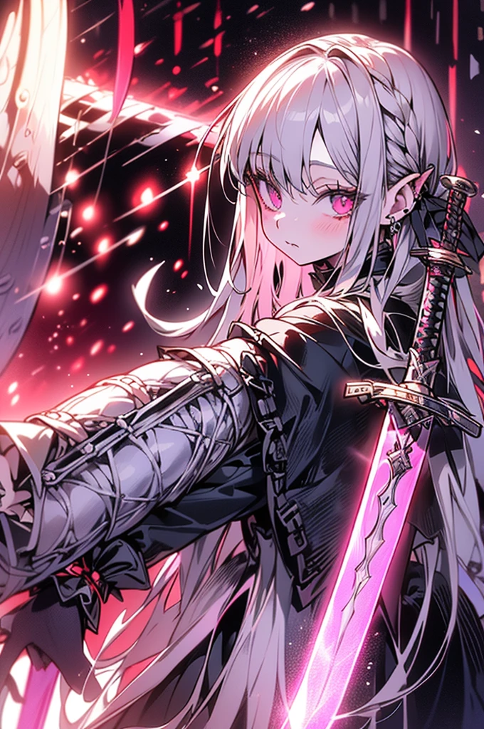 white gothic ta angel of punishment, long white hair, purple eyes, 4 wings, (((((holding a long sword))))), mature, slim, tall, (best quality,4K,8K,mackerel,masterpiece:1.2),very detailed,(realistic,photorealistic,photo-realistic:1.37),intricate details,contrast lighting,cinematic lighting,dramatic shadows,surreal,occult,ethereal,dark fantasy,piercer