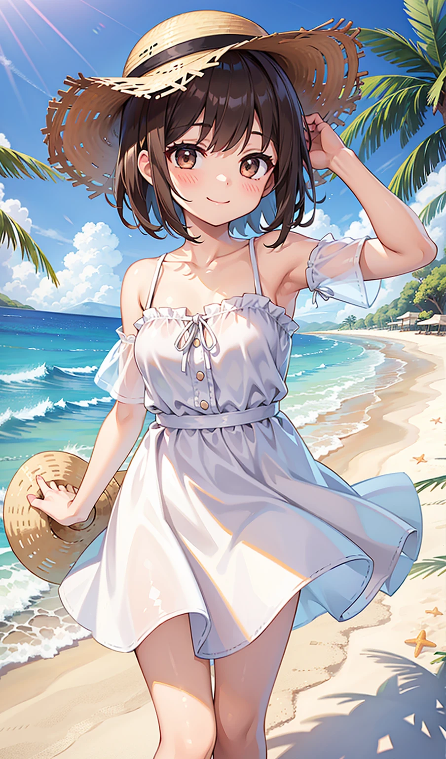 (One girl)、smile、turn around、beach、White dress、Straw hat、Dark brown short hair、Dark brown eyes