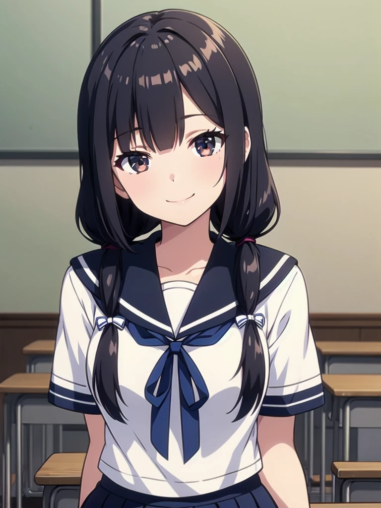 1girl, sitting, put hand on chest, (head tilt), smile, yo,
classroom, indoors, school chair, school desk, (low twintails girl), low pigtails, hair ribbon  white, very long black hair,
white serafuku with blue ribbon, navy-blue collar, navy-blue skirt,
(dark brown eye), afternoon, summer,
school,
(from front:1.4), upper body,
anime, high brightness, detailed face, detailed eyes,
(high quality, ultra detailed, masterpiece, FHD)