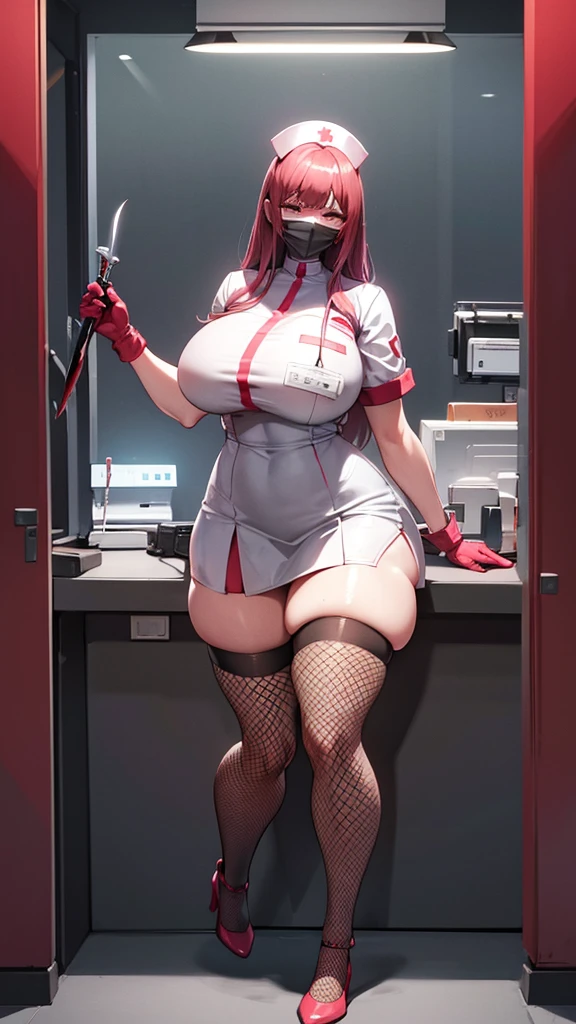 woman, nurse suit, nurse mask, bloody, thick thighs, nurse boots, fishnet stockings, holding giant surgical knife, perverse expression, high definition, RTX lighting, full body focus, morgue background.