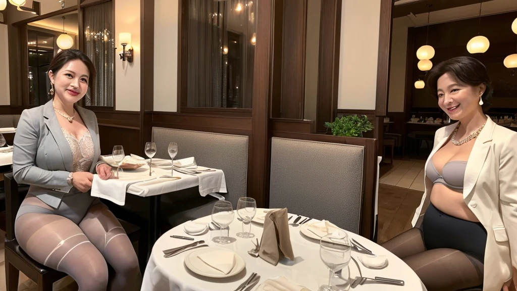 ((Chubby glamour:1.3))、Beautiful 45 year old female politician eating dinner food in fancy restaurant、(Only one solo),((Black corrective underwear that covers from the lower body to the thighs:1.3))、((Neat and sharp facial features:1.4))、((A smile:1.3))、Colossal 、((Big ass:1.3))、(Bra with big white lace design.3)、((Wearing a light gray jacket in the office:1.2))、short dark hair、((Black pantyhose:1.3))、Expensive necklaces and earrings、Natural wrinkles、Wrinkles at the corners of the eyes、Ultra-realistic、Natural Skin、beautiful lighting、Mature Female Politician、carismatic、A sexy、Chromo-white skin、((Fine dining restaurant based on white:1.3))