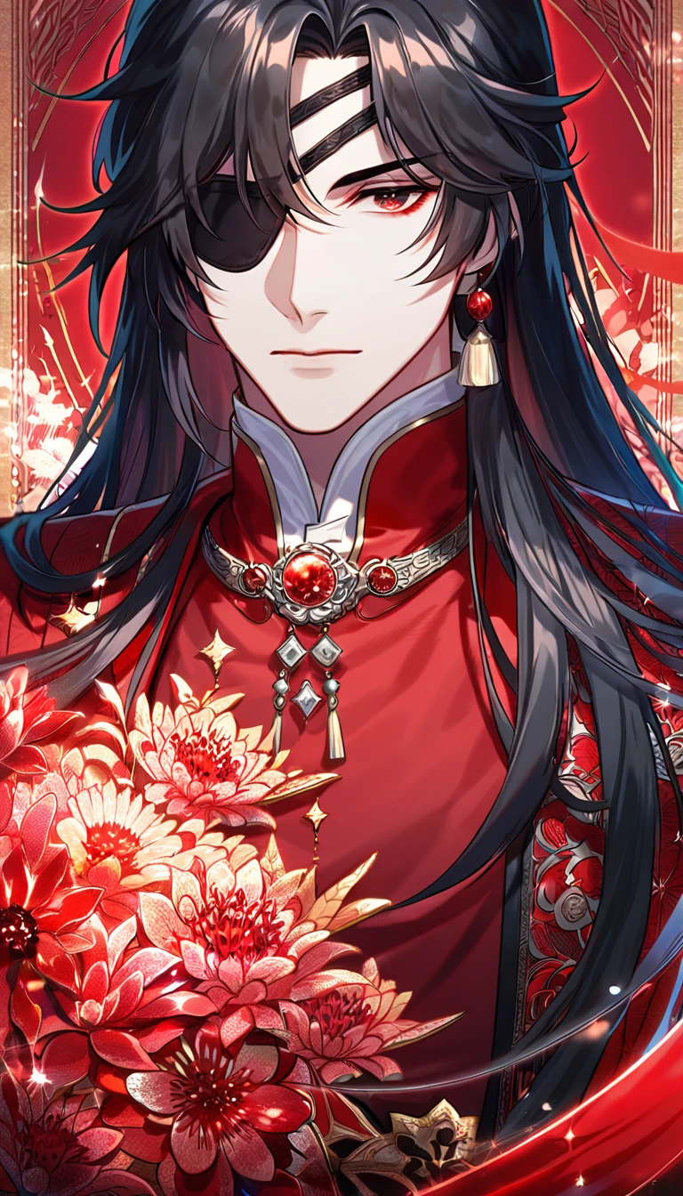 Ultra detailed, HDR, Highres, absurdres, master piece, Hua Cheng, black long hair, expressive red eye, black eye patch, Heaven Official's Blessing, patterns, red clothes, red petals, red ice flowers, sexy man, solo, extremely detailed face and eyes, extremely handsome, glittering, red glass,