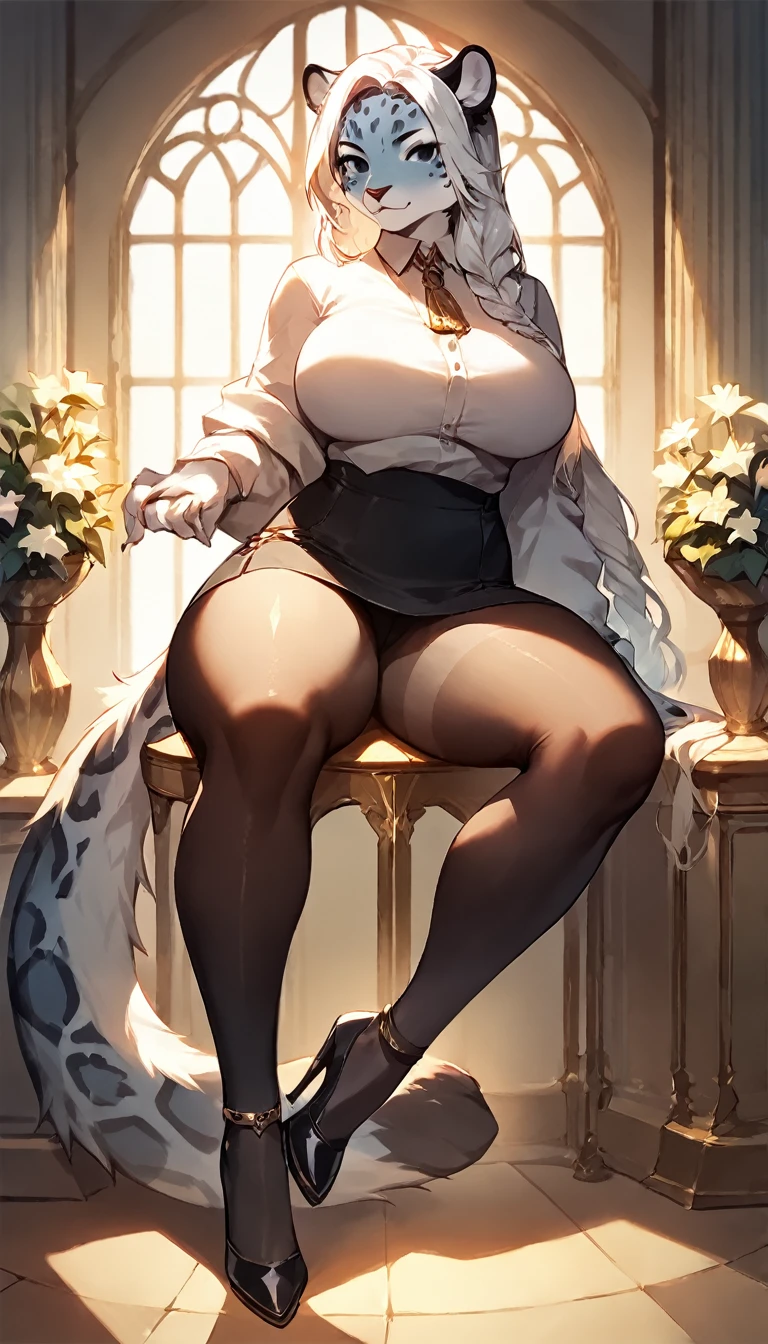 score_9, score_8_up, score_7_up, score_6_up, score_5_up, score_4_up, (solo), female anthro snow leopard,  work clothes, pantyhose ,walk, heeled, lusty, fluffy body, long blond hair, black eyes, (thick thighs:1.5)((( offering the breasts))) ( she is sitting) (barely_visible_booba) , giant breasts, 