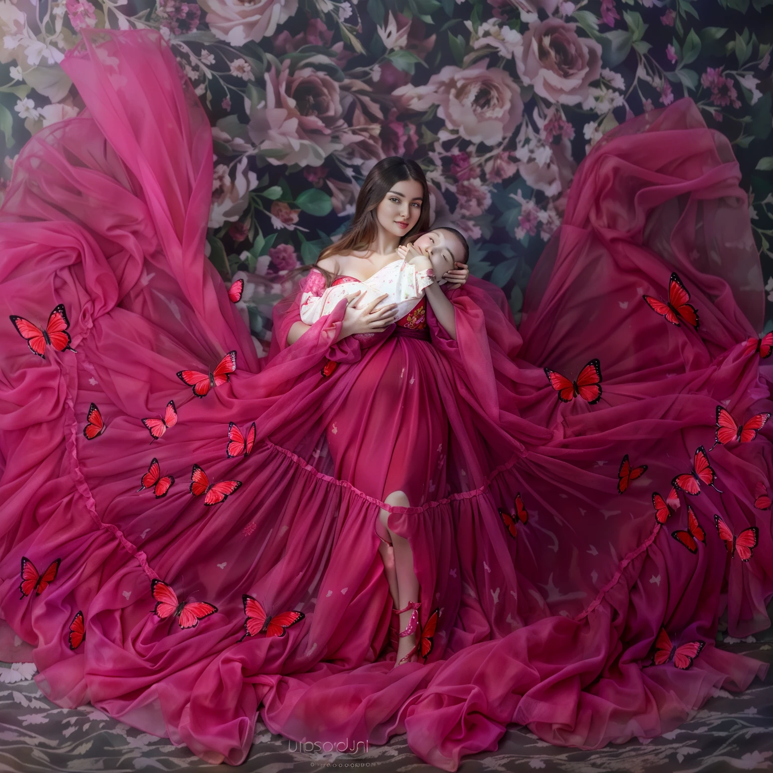 pregnant woman in a red dress holding a baby in her arms, maternal photography 4 k, wearing pink butterfly printed gown, award winning studio photo, * colour splash *, an ultra realistic, photo of a beautiful, full body photoshoot, miss aniela, full body in shot, pose 1 of 1 6, splash of color, brilliant pink ball gown, by Olga Rozanova