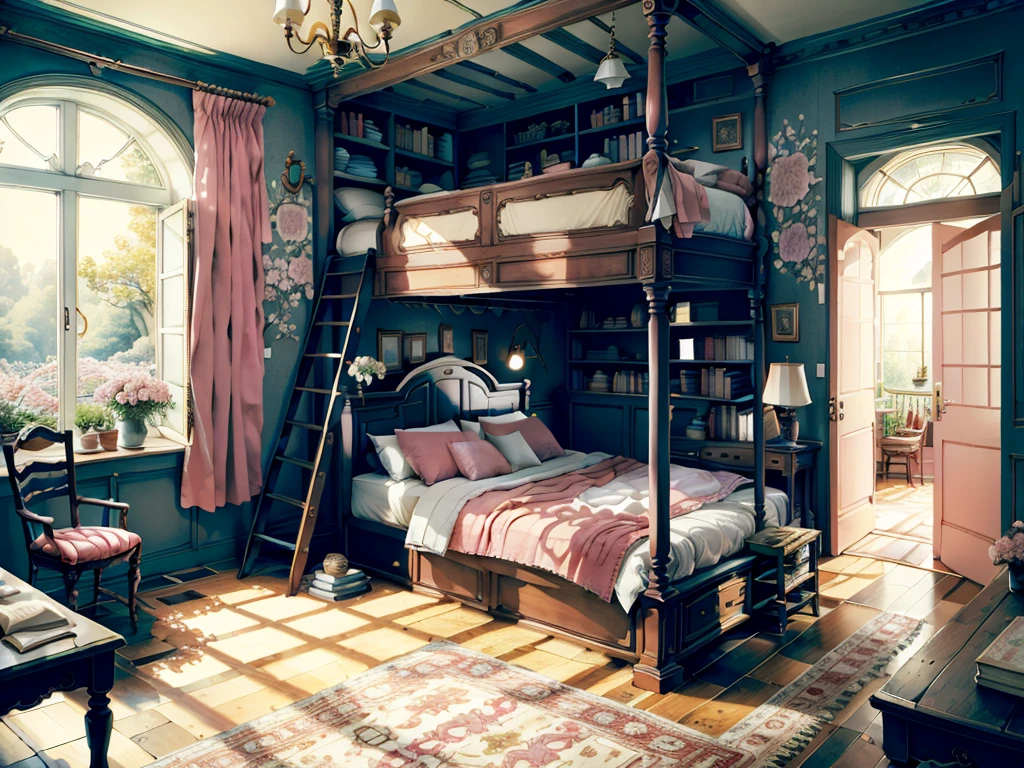 8K picture quality，best quality，masterpiece，HD，Super rich detail，detailed，Cosy bedroom，Big windows，Floor-to-ceiling windows，Big bed，notebook，There is a cabinet next to it，There are chairs，There are flowers，There is a wardrobe，There is a table and chairs，There are a lot of books，There was a full queen size bed，The body is very comfortable，extremely clean，Very informative，Big windows，The view from the window，There is a staircase connection，There is a ladder indoors，ladder，超HD逼真，Pink，Strong sense of reality，There is a ladder in the room，The key is to have a ladder，