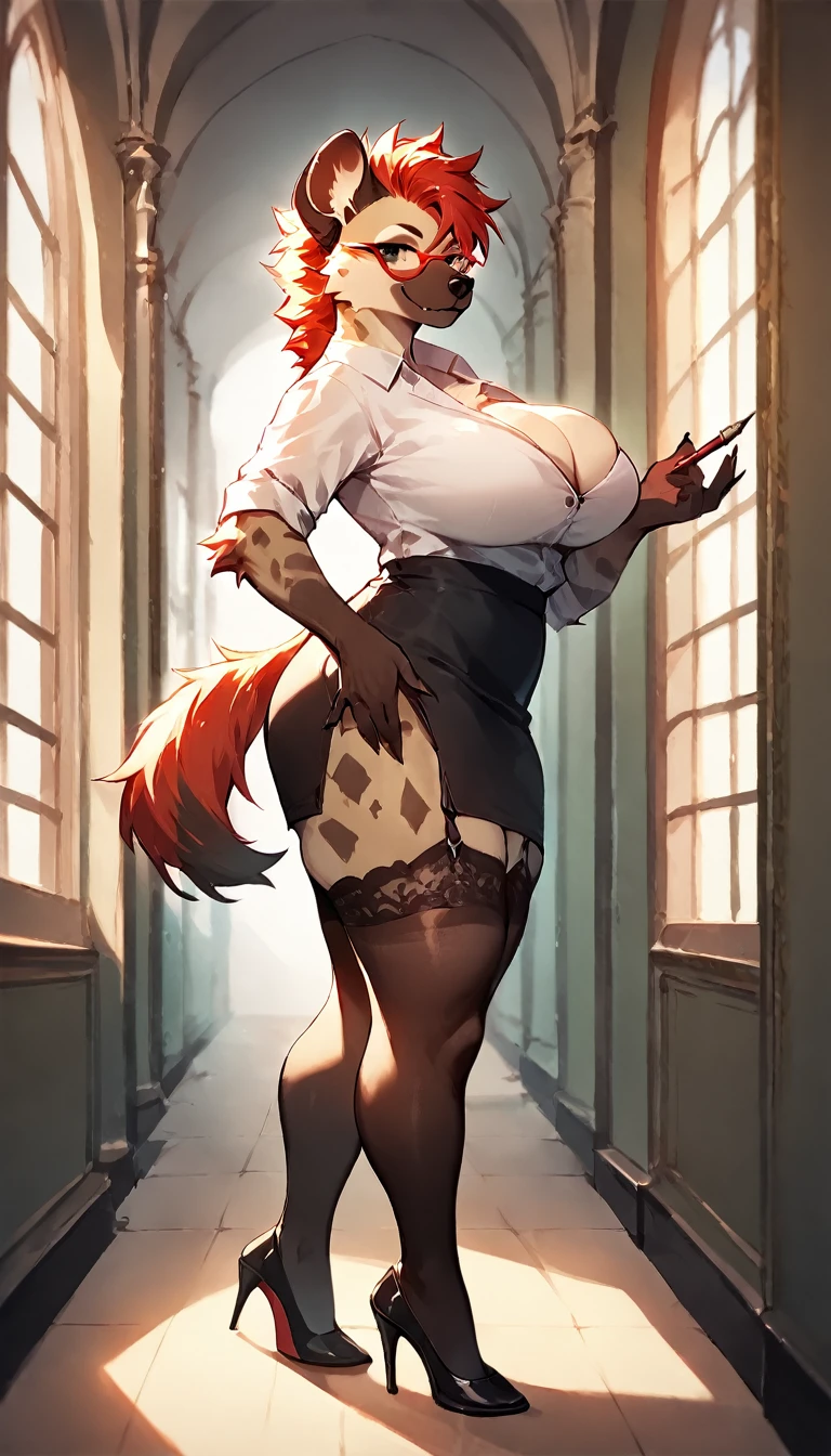 score_9, score_8_up, score_7_up, score_6_up, score_5_up, score_4_up, (solo) female anthro hyena, red glasses, white shirt, cleavage, lace trim, pencil skirt, garter straps, black thighhighs, high heels, from side, thick thighs, looking at viewer, smile, (she is standing), school hallway , garter belt tights, lusty, fluffy body, long blond hair, black eyes, (thick thighs:1.5)((( offering the breasts))) ( she is standing)  (barely_visible_booba) , giant breasts, 
