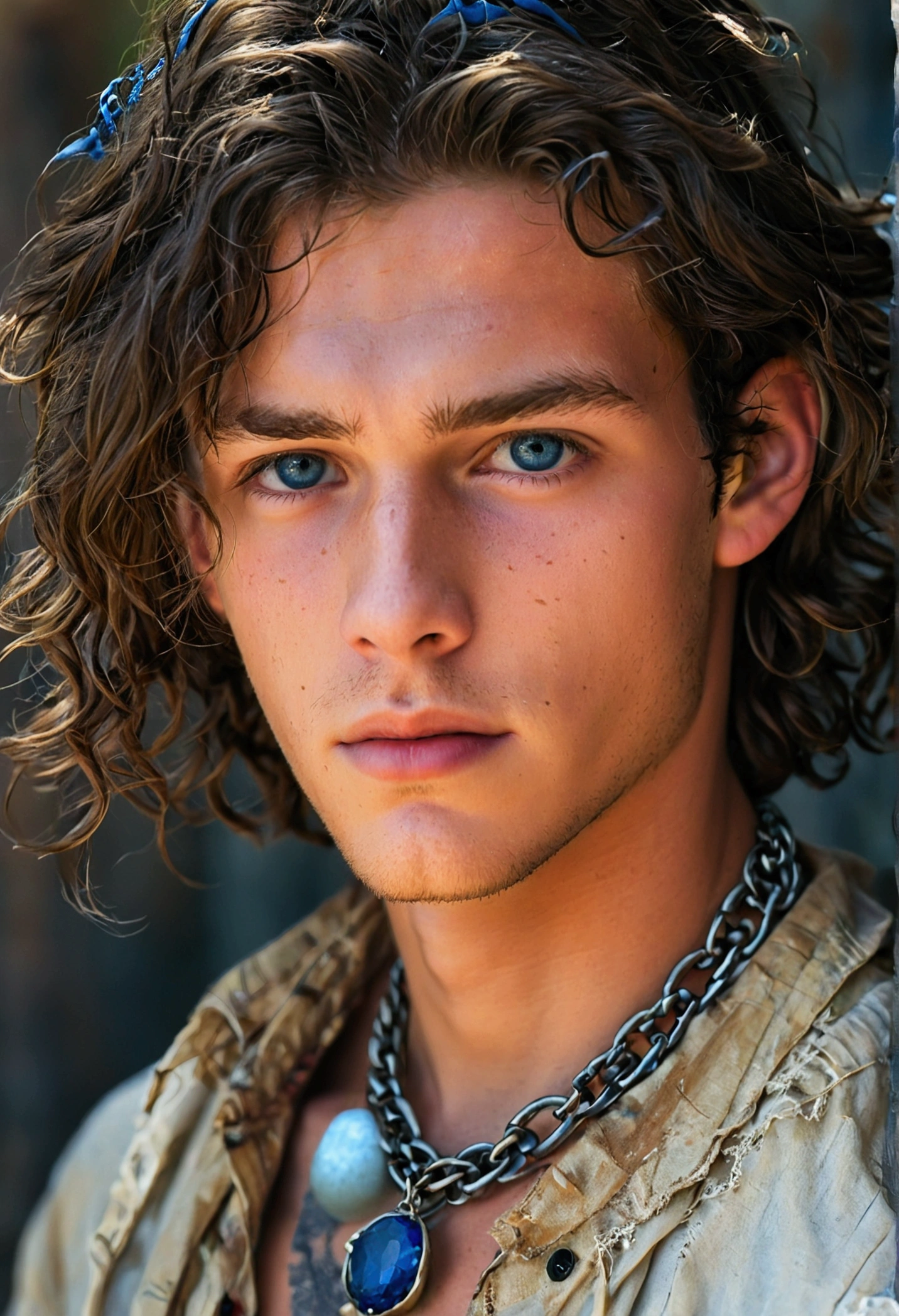 An 18 year old young man, fair skin and long wavy hair, with a plain chain necklace and blue stone pendant 