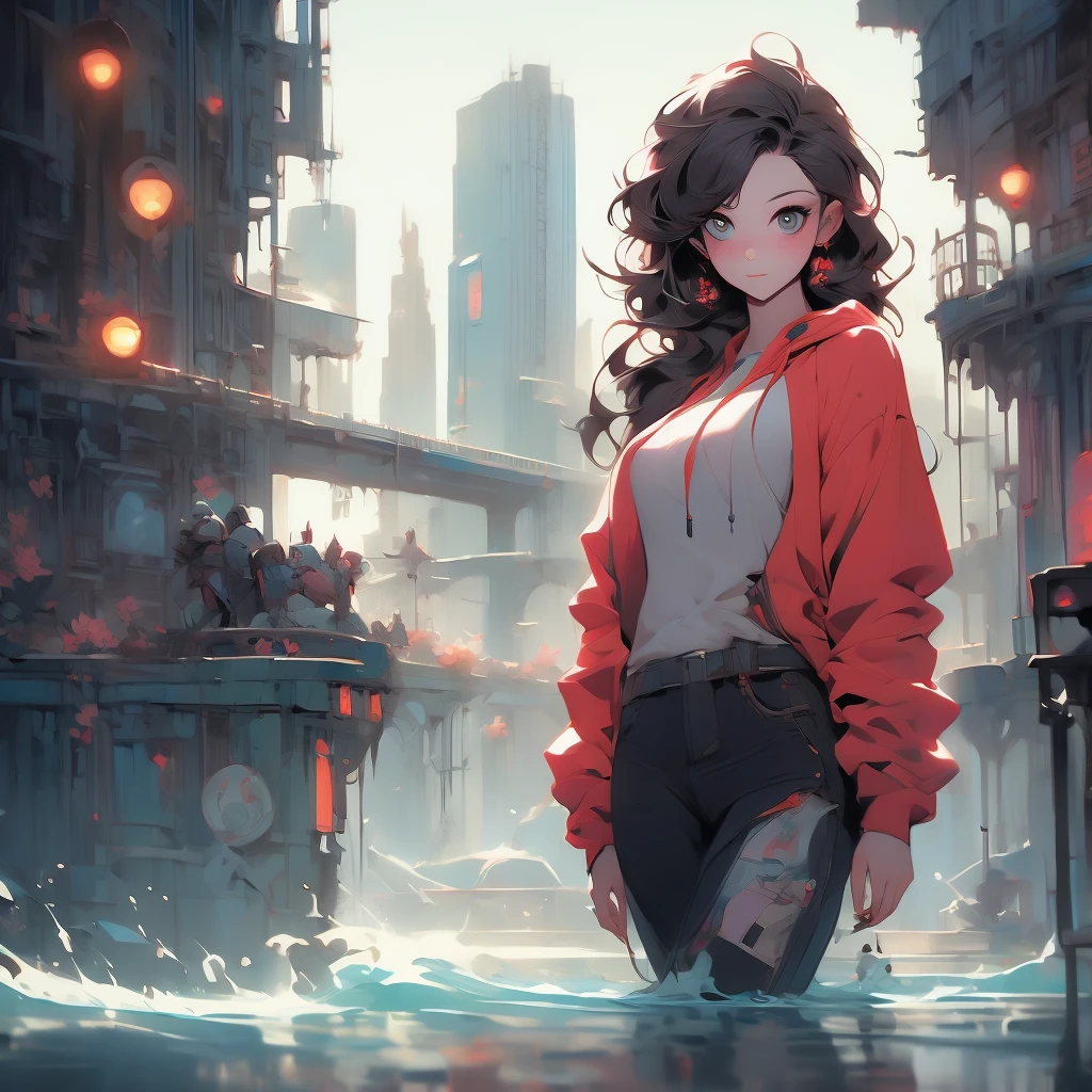 a woman with long hair and a hoodie is standing in the water, beeple and jeremiah ketner, digital art on pixiv, digital art. artstation, dreamy cyberpunk girl, by Aaron Nagel, loish |, gorgeous digital art, 🌺 cgsociety, dark cyberpunk illustration, cyberpunk))))), intricate abstract. cyberpunk, cyberpunk art style