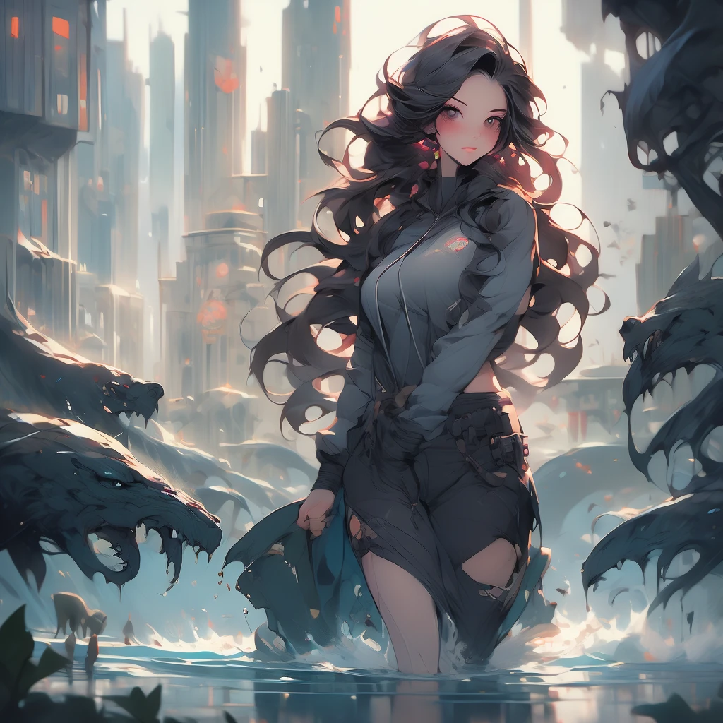 a woman with long hair and a hoodie is standing in the water, beeple and jeremiah ketner, digital art on pixiv, digital art. artstation, dreamy cyberpunk girl, by Aaron Nagel, loish |, gorgeous digital art, 🌺 cgsociety, dark cyberpunk illustration, cyberpunk))))), intricate abstract. cyberpunk, cyberpunk art style