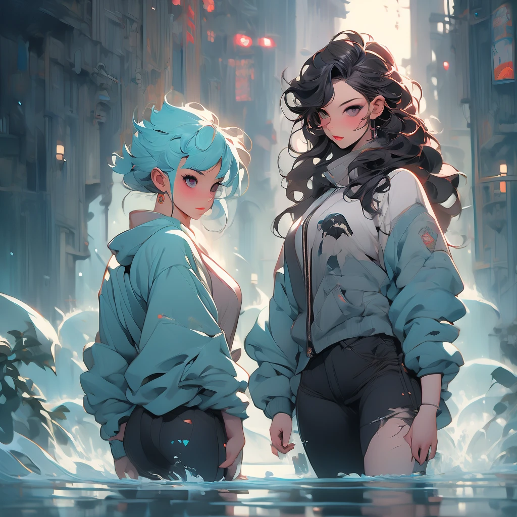 a woman with long hair and a hoodie is standing in the water, beeple and jeremiah ketner, digital art on pixiv, digital art. artstation, dreamy cyberpunk girl, by Aaron Nagel, loish |, gorgeous digital art, 🌺 cgsociety, dark cyberpunk illustration, cyberpunk))))), intricate abstract. cyberpunk, cyberpunk art style