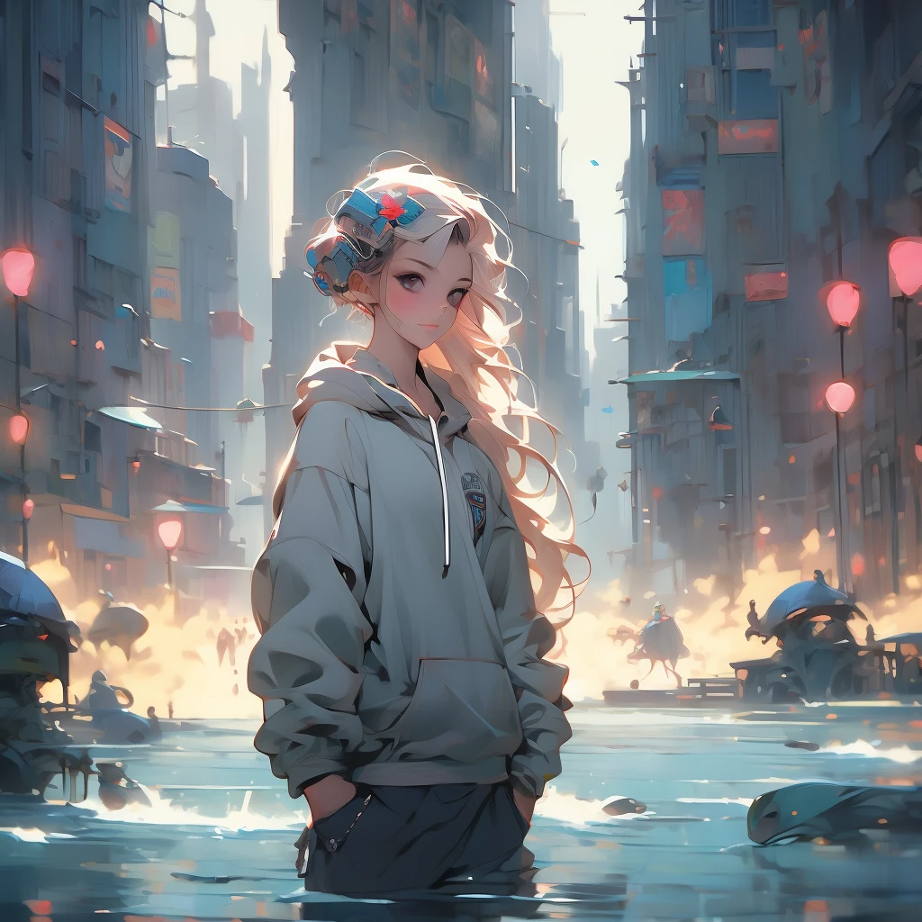a woman with long hair and a hoodie is standing in the water, beeple and jeremiah ketner, digital art on pixiv, digital art. artstation, dreamy cyberpunk girl, by Aaron Nagel, loish |, gorgeous digital art, 🌺 cgsociety, dark cyberpunk illustration, cyberpunk))))), intricate abstract. cyberpunk, cyberpunk art style