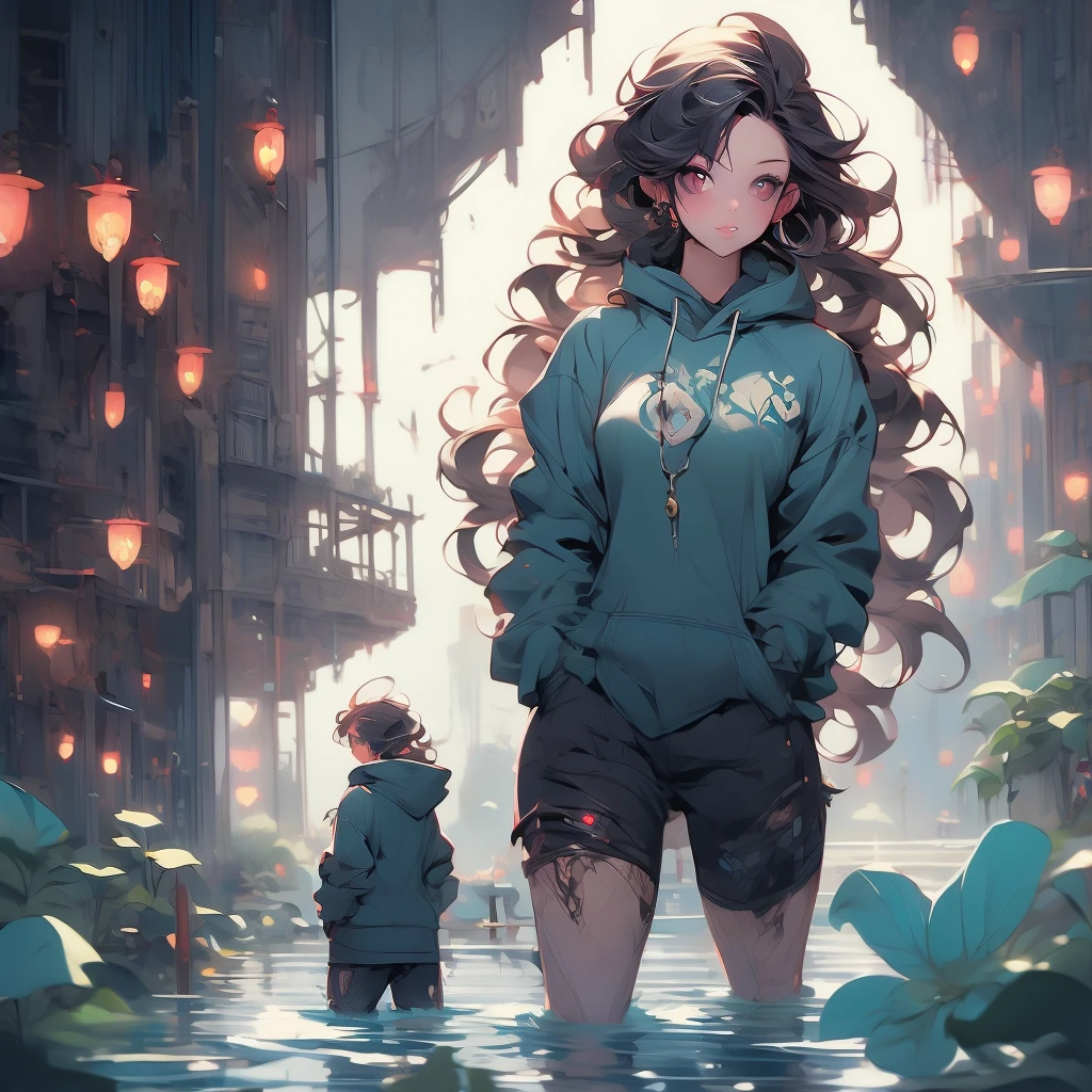 a woman with long hair and a hoodie is standing in the water, beeple and jeremiah ketner, digital art on pixiv, digital art. artstation, dreamy cyberpunk girl, by Aaron Nagel, loish |, gorgeous digital art, 🌺 cgsociety, dark cyberpunk illustration, cyberpunk))))), intricate abstract. cyberpunk, cyberpunk art style