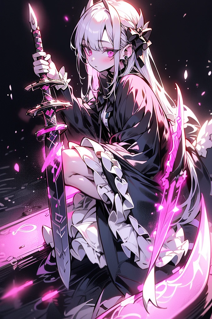 white gothic lolita angel of punishment, long white hair, purple eyes, 4 wings, (((((holding a long sword))))), mature, slim, tall, (best quality,4K,8K,mackerel,masterpiece:1.2),very detailed,(realistic,photorealistic,photo-realistic:1.37),intricate details,contrast lighting,cinematic lighting,dramatic shadows,surreal,occult,ethereal,dark fantasy,piercer