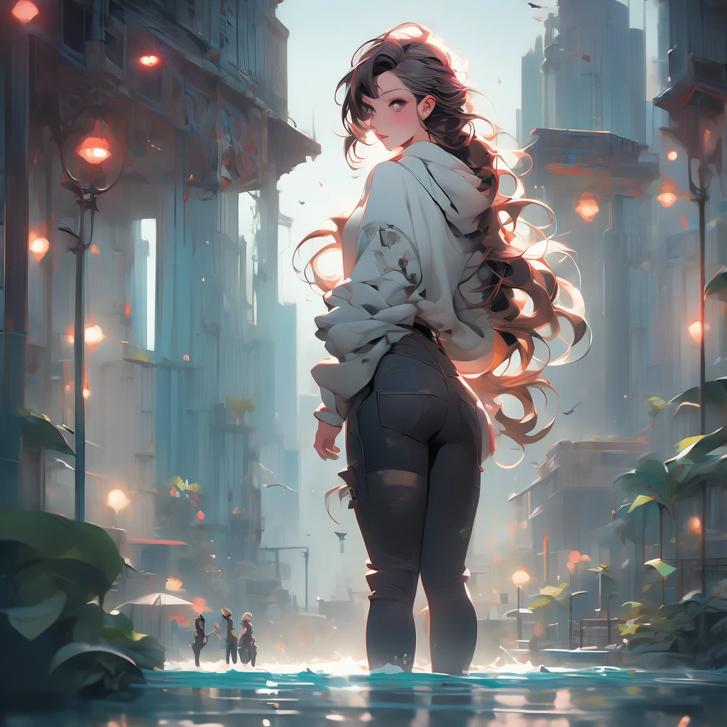 a woman with long hair and a hoodie is standing in the water, cyberpunk art by Aaron Nagel, trending on cgsociety, digital art, beeple and jeremiah ketner, digital art on pixiv, digital art. artstation, dreamy cyberpunk girl, loish |, gorgeous digital art, 🌺 cgsociety, dark cyberpunk illustration, cyberpunk)))))