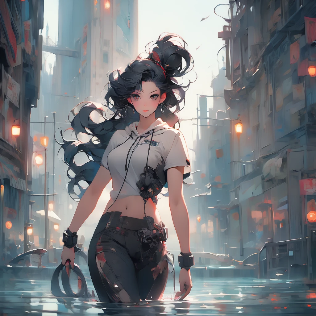 a woman with long hair and a hoodie is standing in the water, cyberpunk art by Aaron Nagel, trending on cgsociety, digital art, beeple and jeremiah ketner, digital art on pixiv, digital art. artstation, dreamy cyberpunk girl, loish |, gorgeous digital art, 🌺 cgsociety, dark cyberpunk illustration, cyberpunk)))))