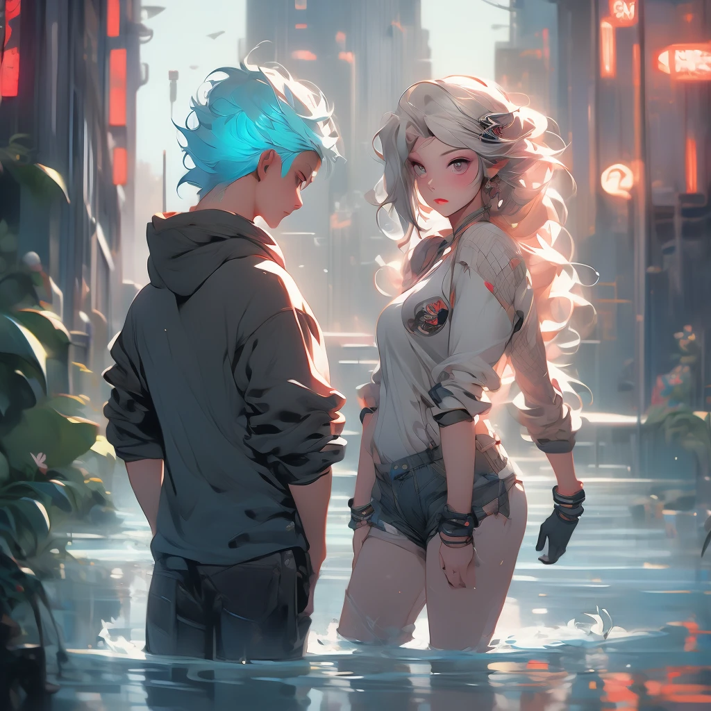 a woman with long hair and a hoodie is standing in the water, cyberpunk art by Aaron Nagel, trending on cgsociety, digital art, beeple and jeremiah ketner, digital art on pixiv, digital art. artstation, dreamy cyberpunk girl, loish |, gorgeous digital art, 🌺 cgsociety, dark cyberpunk illustration, cyberpunk)))))
