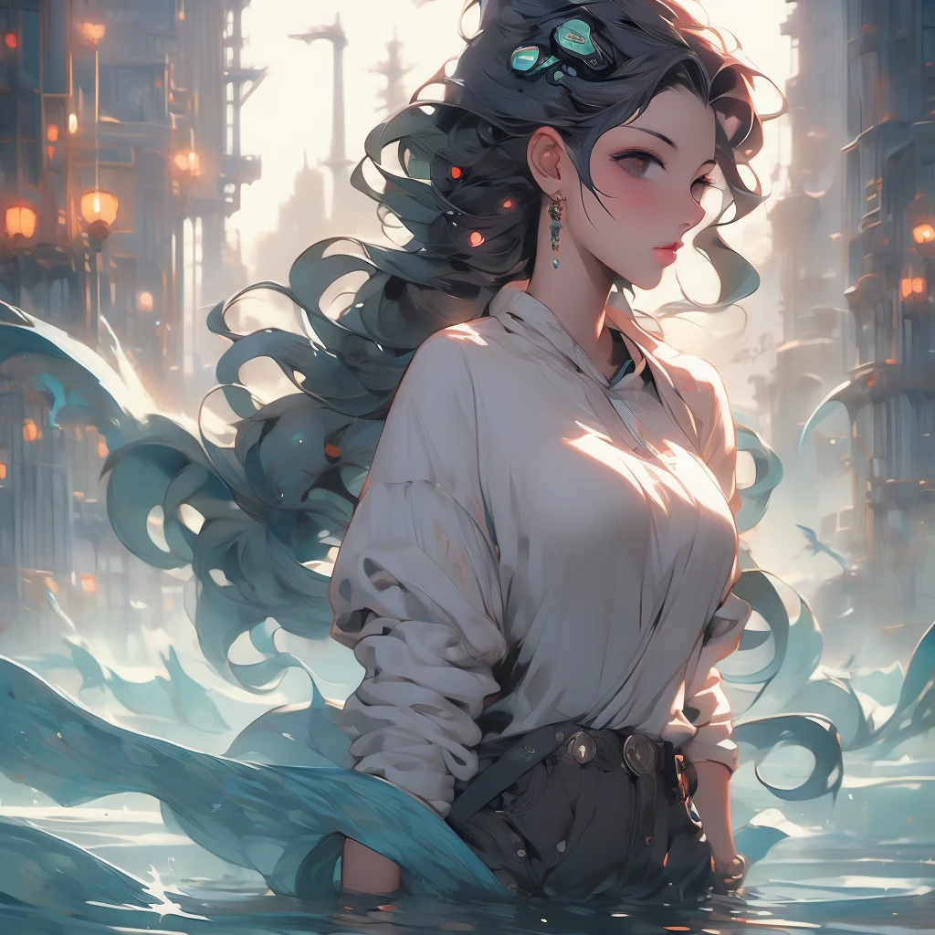 a woman with long hair and a hoodie is standing in the water, cyberpunk art by Aaron Nagel, trending on cgsociety, digital art, beeple and jeremiah ketner, digital art on pixiv, digital art. artstation, dreamy cyberpunk girl, loish |, gorgeous digital art, 🌺 cgsociety, dark cyberpunk illustration, cyberpunk)))))