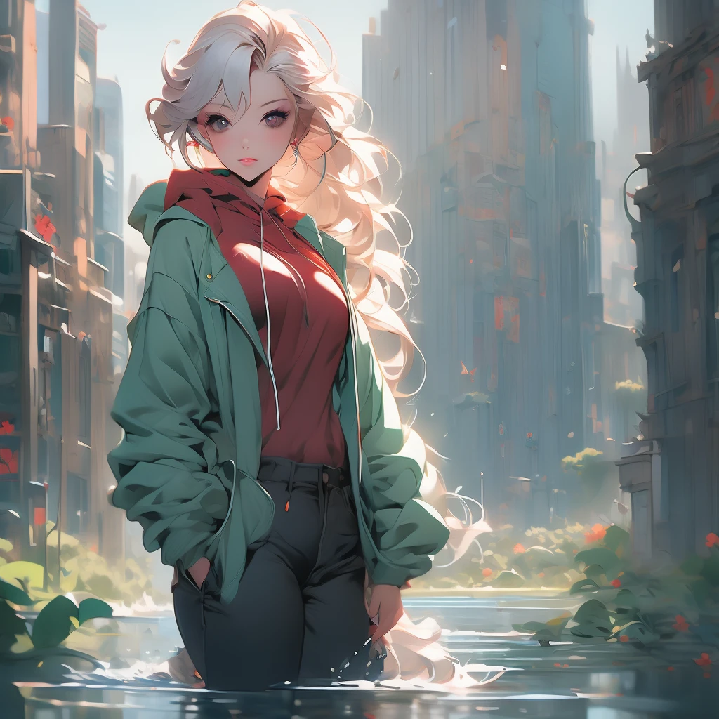 a woman with long hair and a hoodie is standing in the water, cyberpunk art by Aaron Nagel, trending on cgsociety, digital art, beeple and jeremiah ketner, digital art on pixiv, digital art. artstation, dreamy cyberpunk girl, loish |, gorgeous digital art, 🌺 cgsociety, dark cyberpunk illustration, cyberpunk)))))